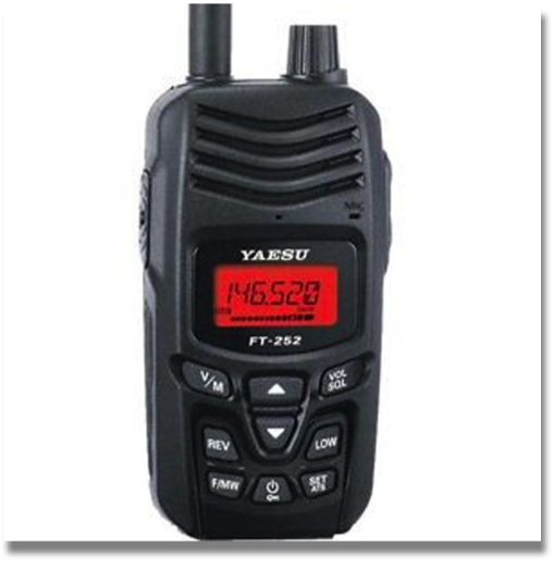 YAESU FT252 VHF RADIO


The FT-252 is a compact, simple to operate handheld radios that provide up to 5 Watts of RF power, along with loud audio output (800 mW) for the 2 Meter amateur band. The FT-252 ruggedly constructed water resistant body is sealed tight to meet IPX5 protection requirements. It is packed with popular and valuable features demanded by Amateur Radio operators around the world.